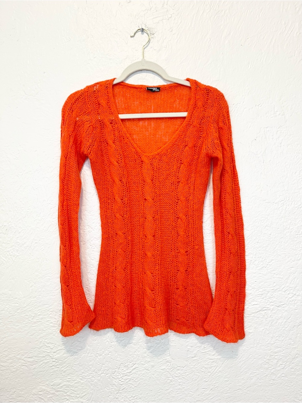 Wooden Ships Y2K Sweater Cable Open Knit Mohair Wool Vintage Orange S/M